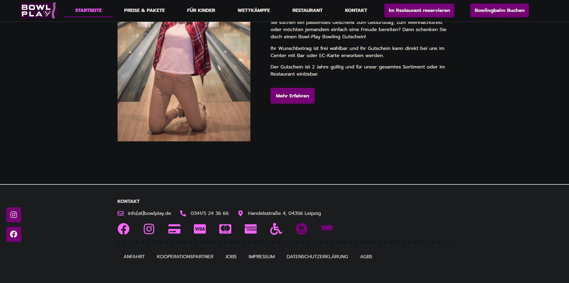Gutschein- und Kontaktbereich der Bowl-Play-Website