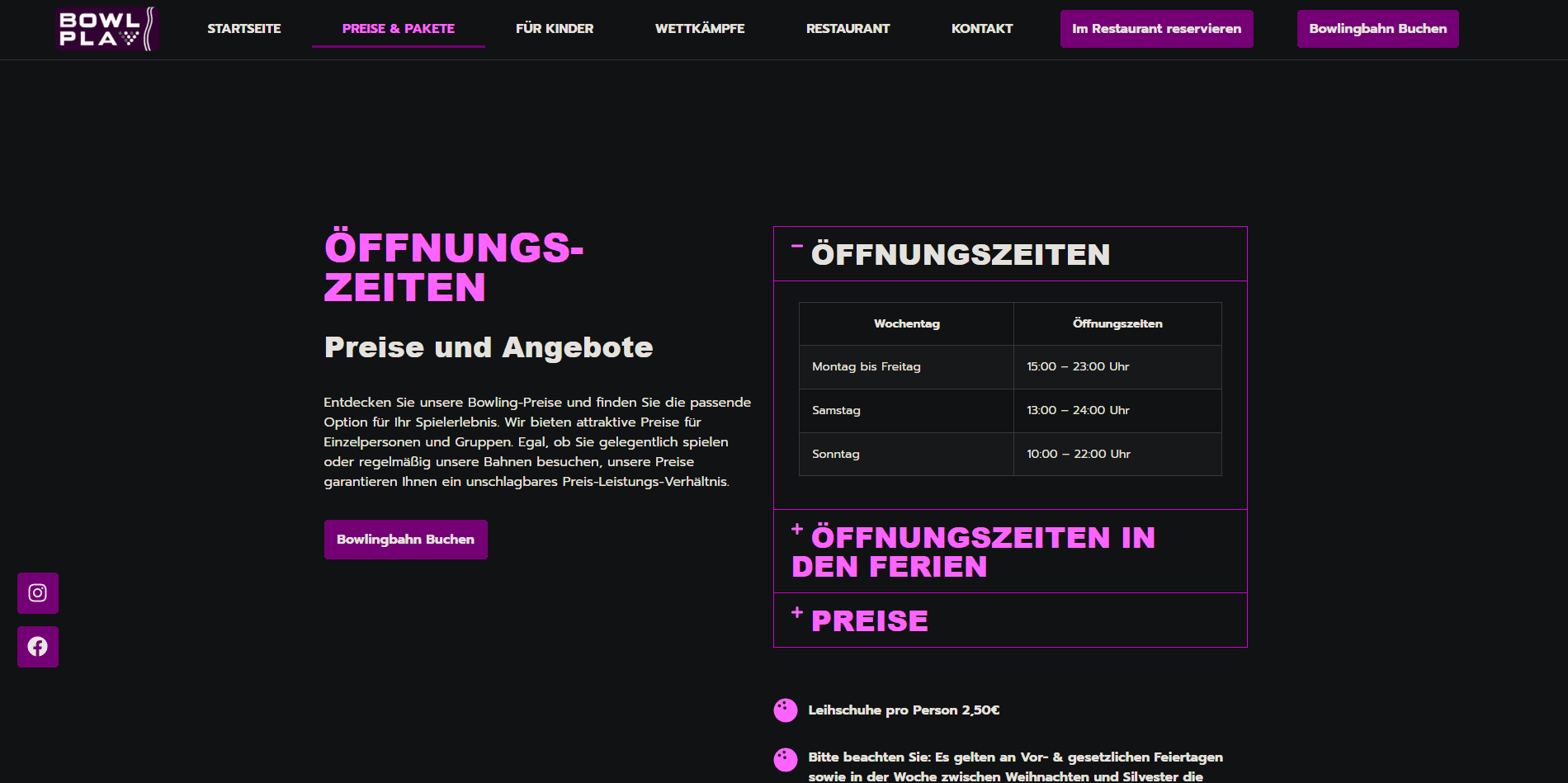 Öffnungszeiten und Preisinformationen der Bowl-Play-Website
