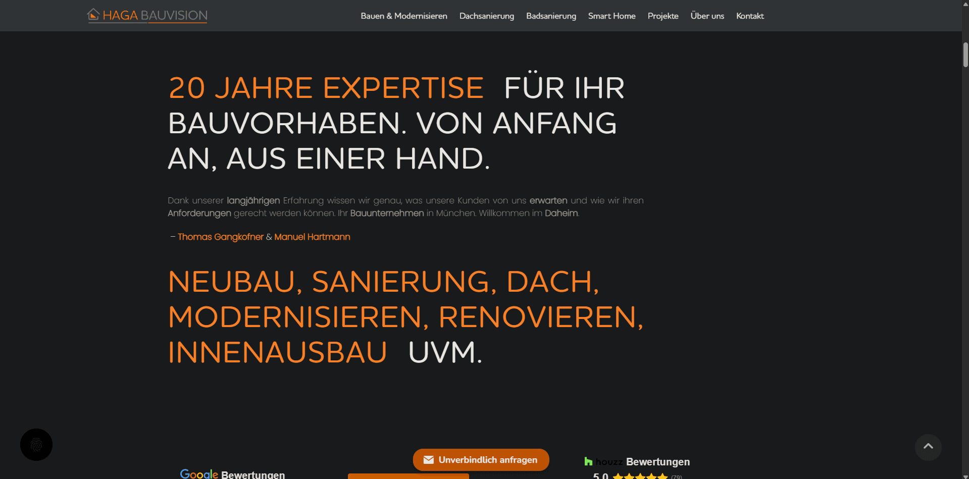 Typografischer Leistungsbereich der HAGA-Bauvision-Website